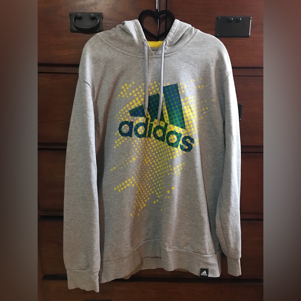 Adidas Gray and Yellow Climate Cotton Hoodie, Mens Size XL